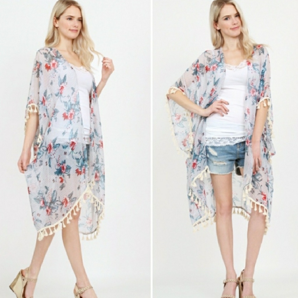 White Tassel Floral Kimono